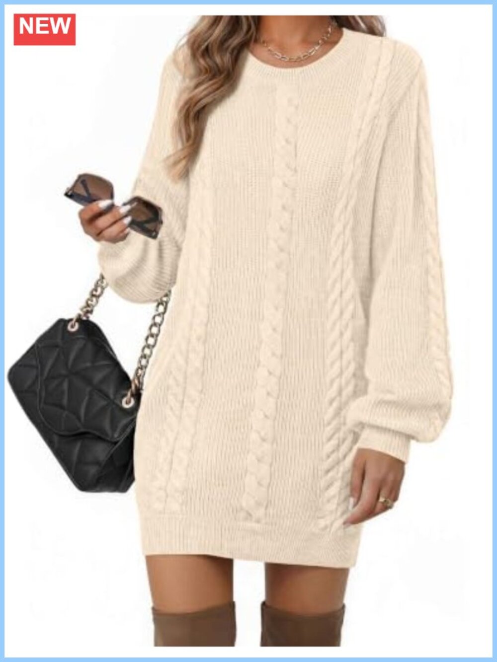 Zeagoo Puff Sleeve Sweater Dress Crewneck Cable Knit Bodycon Below Knee